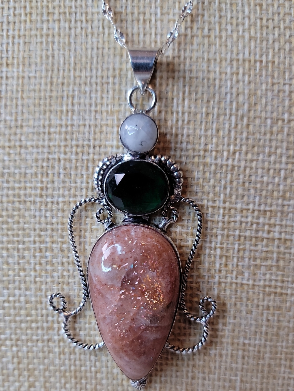 Sterling Silver Sunstone Pendant with Rainbow Moonstone and Synthetic Emerald